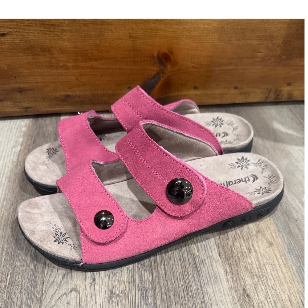 Therafit Pink Leather Suede Slide Sandals Womens 11.5-12 Adjustable Straps Pink